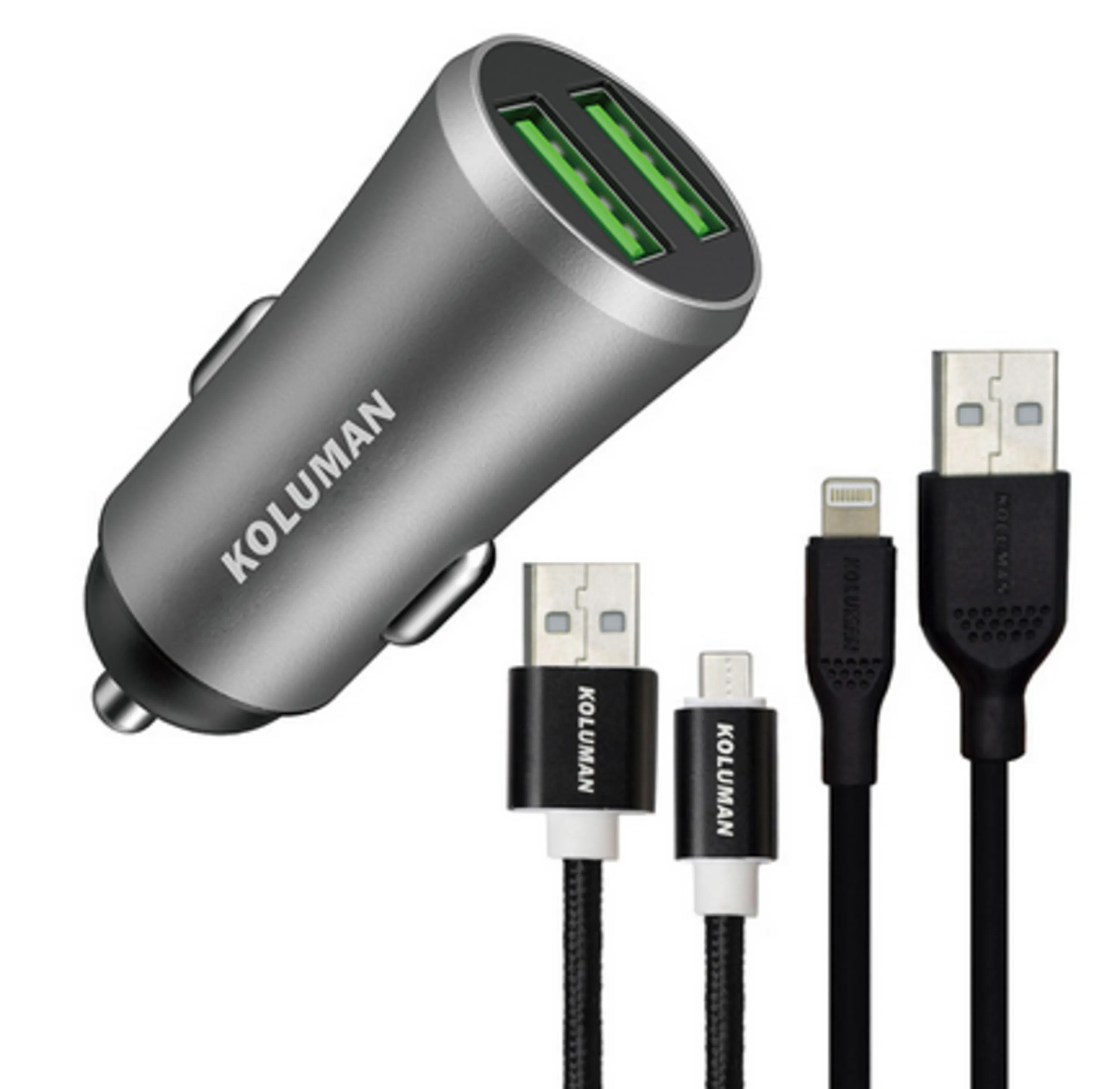 شارژر فندکی کلومن مدل KC - C04 به همراه کابل MICRO USB و لایتنینگ